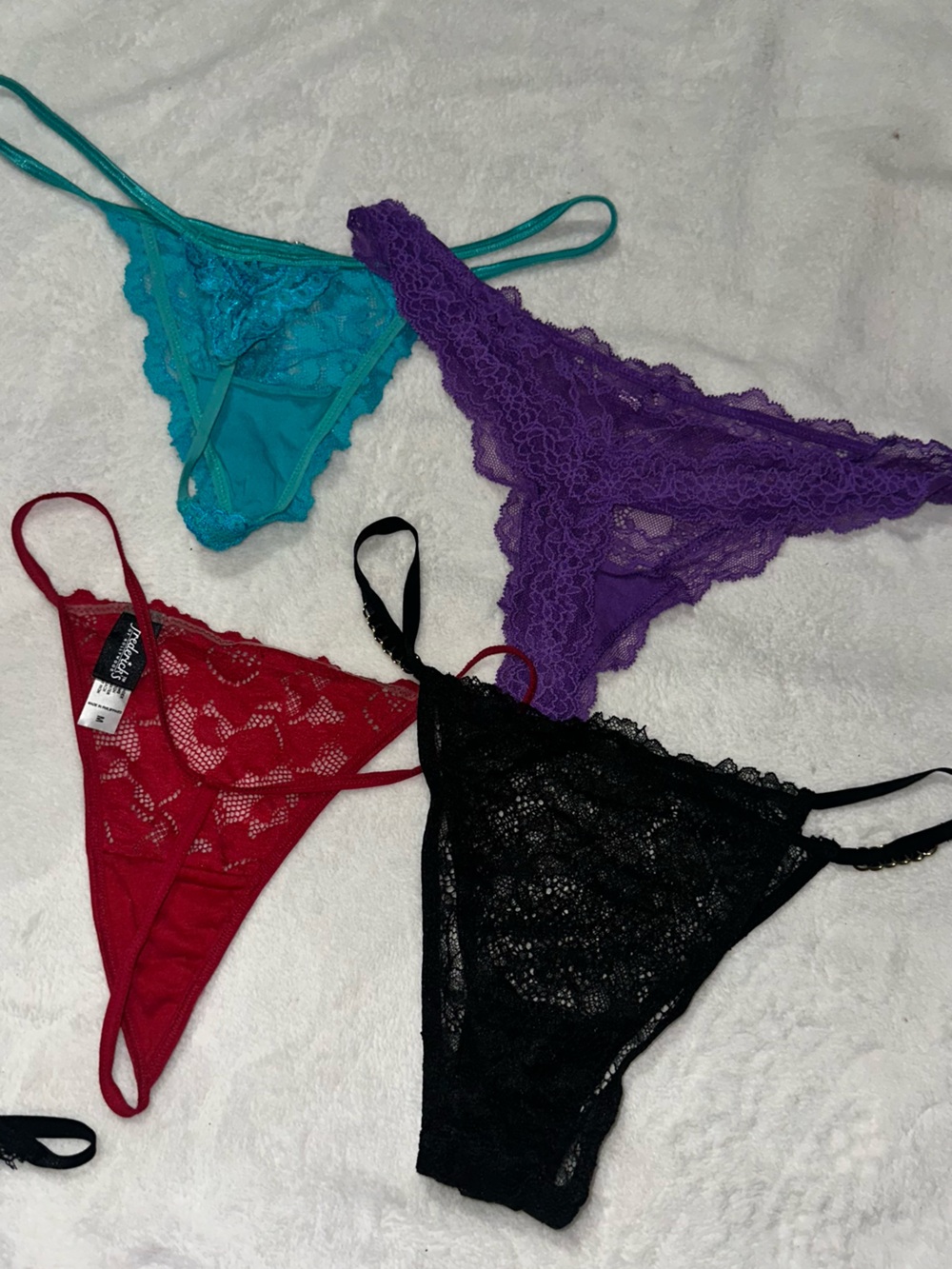 Frederick's of Hollywood Lace Thong Set in Teal, Purple, Red, Black
